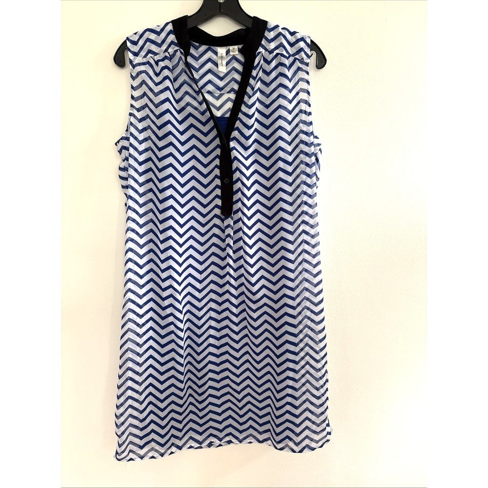 Tacera Blue White Chevron Sleeveless Shift Dress Black Trim V-Neck Womens Medium